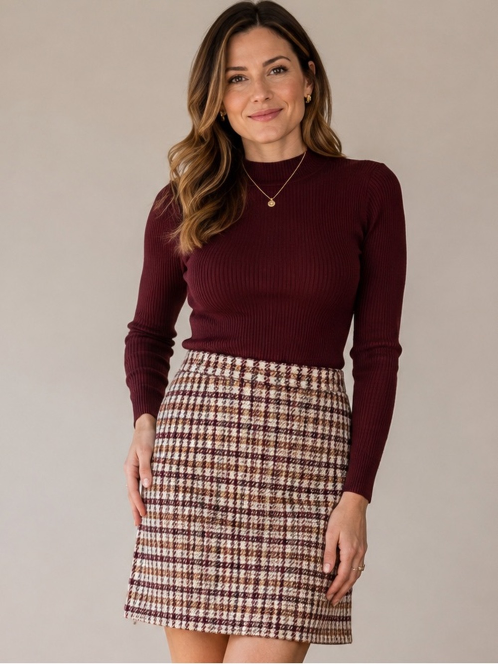 Talbots Petites 2P Wool Blend Plaid Skirt Burgundy Tan Gray Preppy Fall